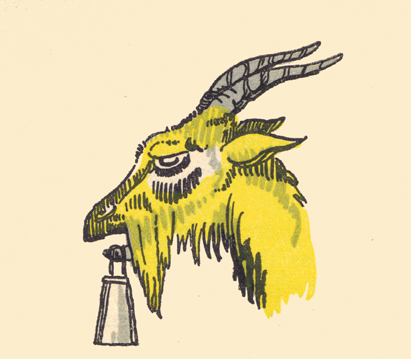 An engraving, in color, by Claud Lovat Fraser, of te head of a goat with a bag in its mouth.