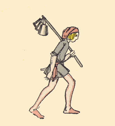 An engraving, in color, by Claud Lovat Fraser, of a profile of youth, Luck, walking with his hoe over his shoulder, on which are hanging the three measures of beans.