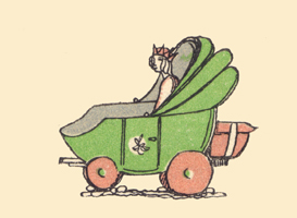 An engraving, in color, by Claud Lovat Fraser, of a carriage made from a green pea, open with a princess seated in it.