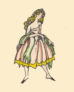 An engraving, in color, by Claud Lovat Fraser, o a maiden with log golden hair, a garland on her head.  she is wearing a full skirted midd-calf length dress and the snug bodice has one strap over one shoulder, the other is bare.