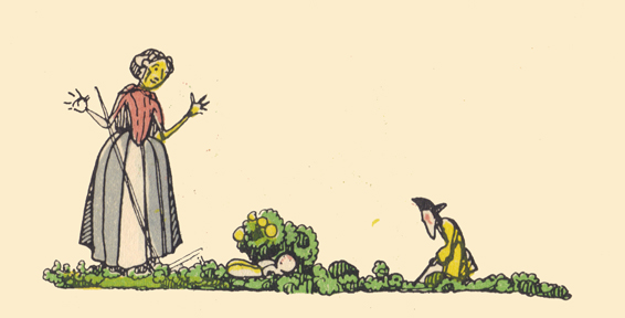 An engraving, in color, by Claud Lovat Fraser, of the old woman with her hands thrown up in surprise, dropping her hoe, looking at a baby lying under a shrub.  Her husband is hoeing in the background..