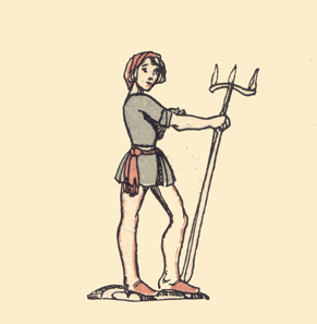 An engraving, in color, by Claud Lovat Fraser, of a youth wearing a grey doublet and shirt, with a sash, holding a pitchfork.