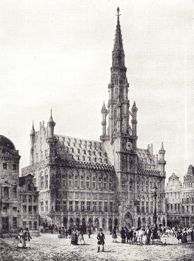 Black and white drawing of the Hôtel de Ville in Brussels by Benoist after N. Chapuy.