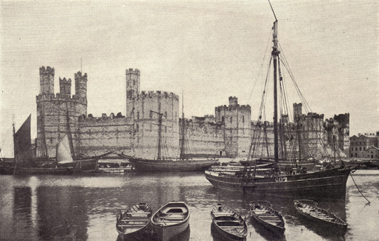 Black and white photograph of Caernavon Castle in Wales, taken in the late 19th century.