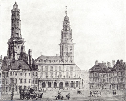 Black and white drawing of the Hôtel de Ville in Calais.  Late Renaissance in origin; built in 1740.  The Tour due Guet is on the left side of the picture. There are people in front of it, and a horse-drawn carriage.