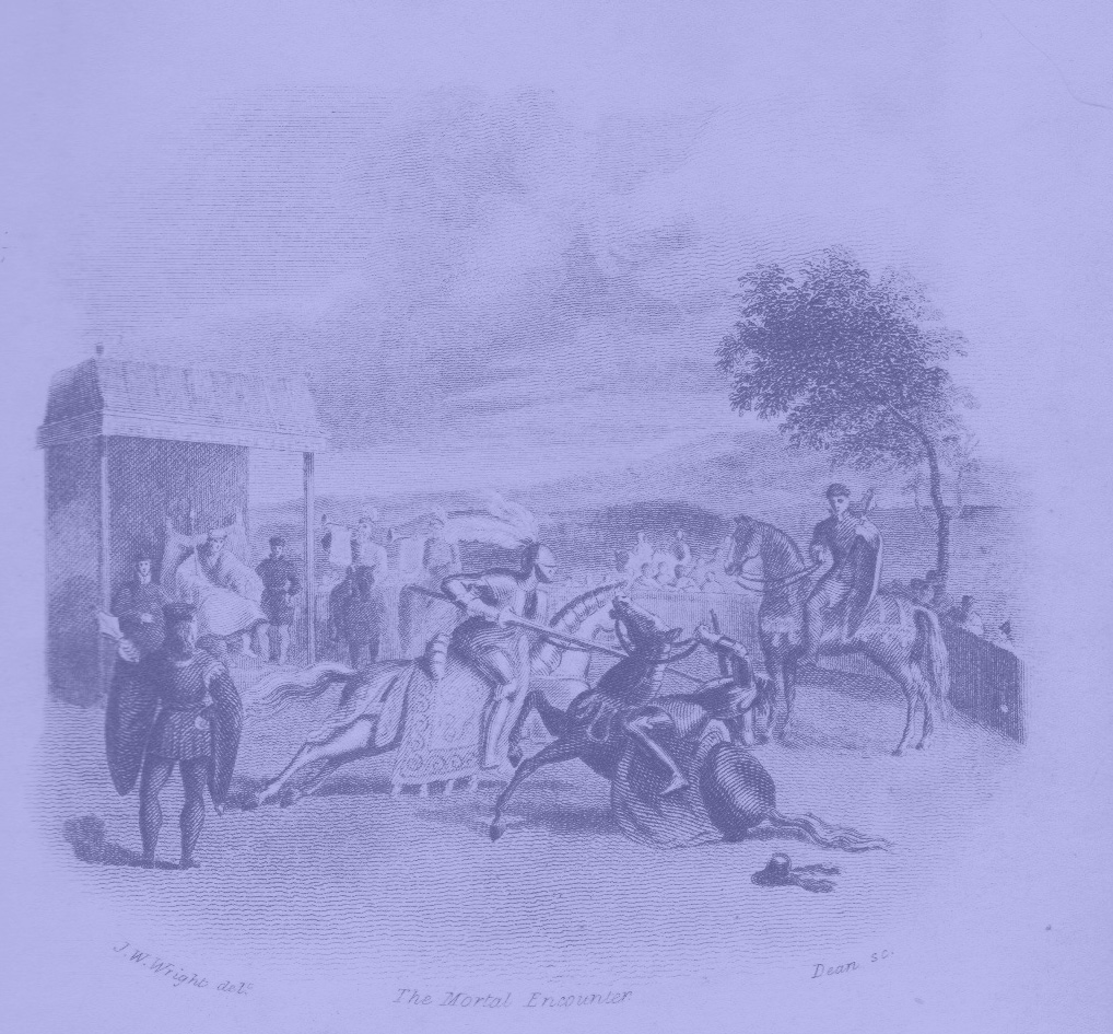 Engraving by J. W. Wright of a knight on horseback jousting with a lance in hand, and another knight falling off his horse, who has also fallen.  Buildings, a tree and bystanders surround them. 