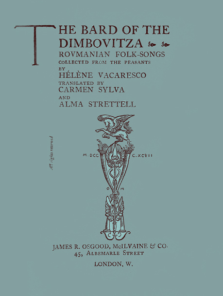 Title Page to the Bard of the Dimbovitza, with the printer’s logo of a unicorn on top of an ornate column composed of two intertwined pipes