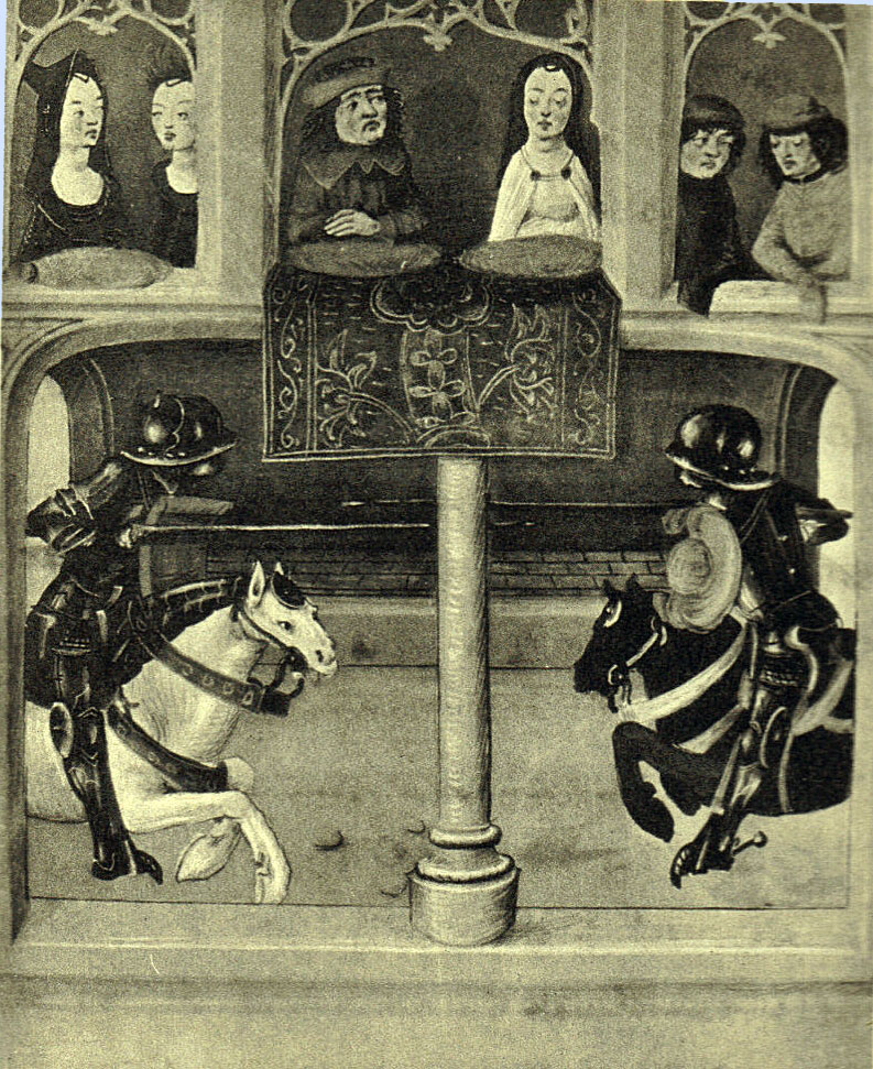 Black and White picture of a manuscript illumination, a balcony with a lady in white and five other people watching two knights in black armour joust, one on a white horse and one a black horse.  Their helmets are round.