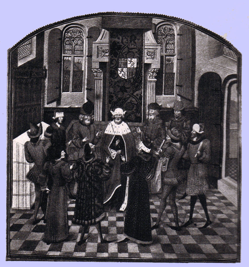 Black and White picture of a manuscript illumination, a robed nobleman surrounded by his courtiers in various styles of medieval costume.