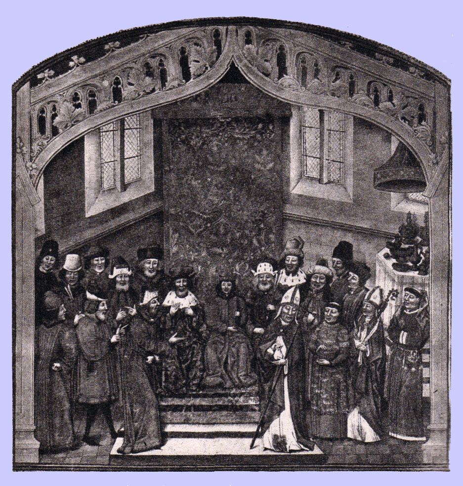 Black and White picture of a manuscript illumination, a young man and an older man both wearing crowns, seated on a dais and surrounded with courtiers and mitred prelates, all but one in long robes.