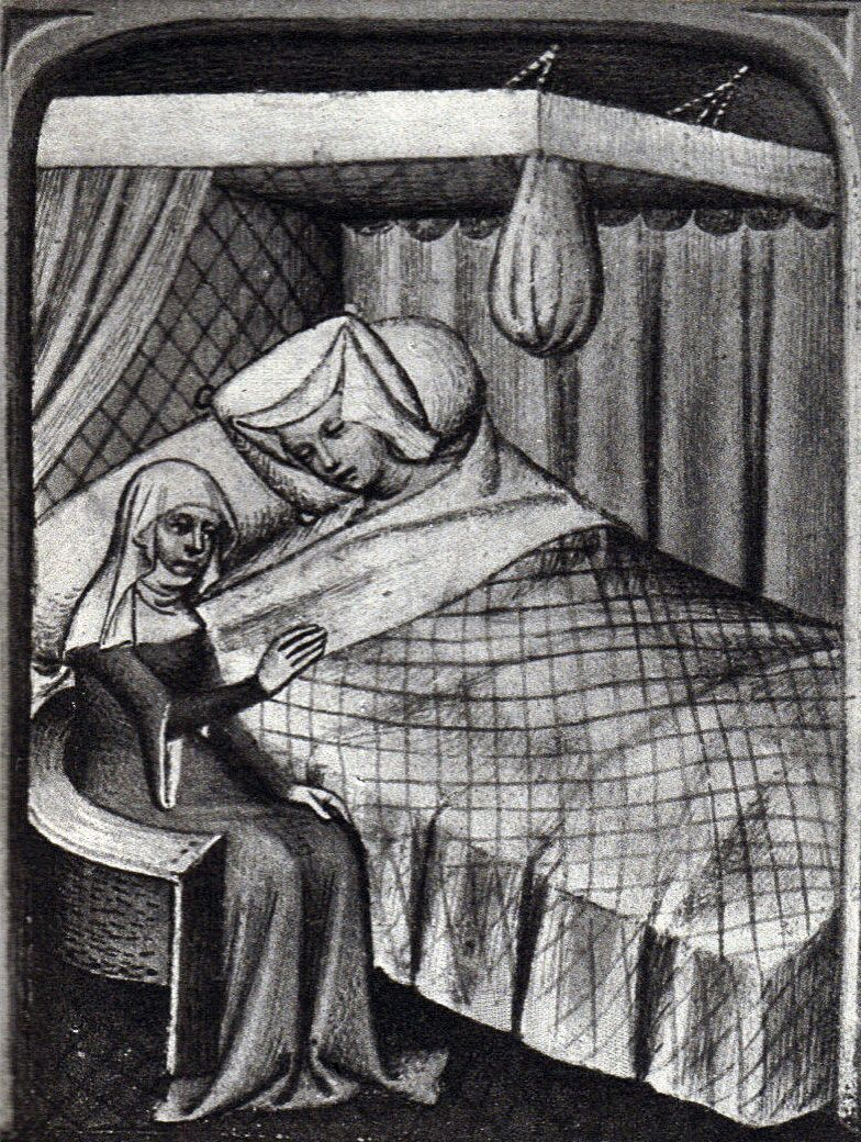 Black and White picture of a manuscript illumination, a young girl wearing a white cloth head-dress in a bed with canopy, with an older woman seated at her bedside, in a medieval gown.