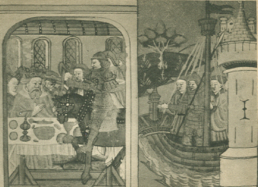 mansucript illumination from a manuscript, left half of the picure shows men at table and a knight on his steed in front of them, on the right half of the picture shows men in a boat with a castle tower in the foreground