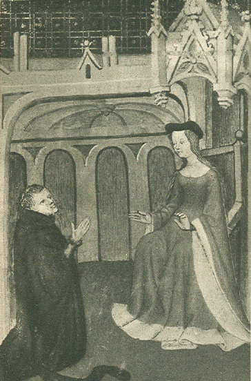 A Manuscript image of a dark robed man kneeling with hands held in praying manner to a seated gowned woman, in a courtyard with the arches seen in the background.