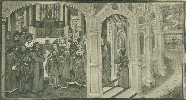 A manuscript image of a couple befoe a bishop, in a church with people spilling out through the arches into the outer areas of the church.