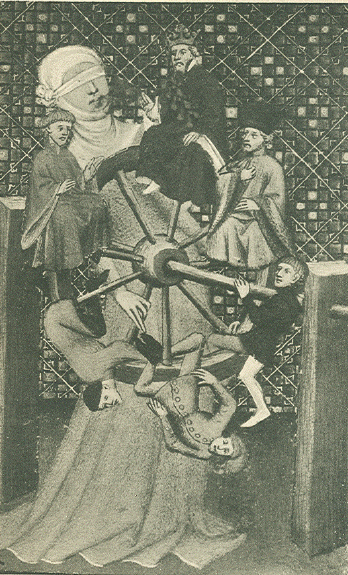 Manuscript image of the Goddess of fortune, holding the wheel of life with people going up and falling off the spokes.