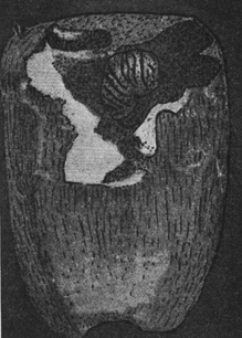 A black and white old photograph pf a corn kernel with a black porn-weevil [sic-copyright elfinspell.com 2009] grub inside.