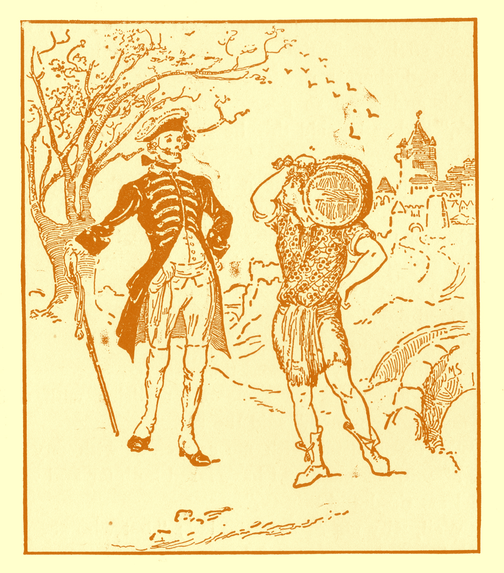 Black and white pencil sketch, by Moyr Smith, of a youth carrying a cask of ale on his shoulder, approaching a tall man, with a skull for a face, wearing garb like General Washington's, and he is holding a staff.