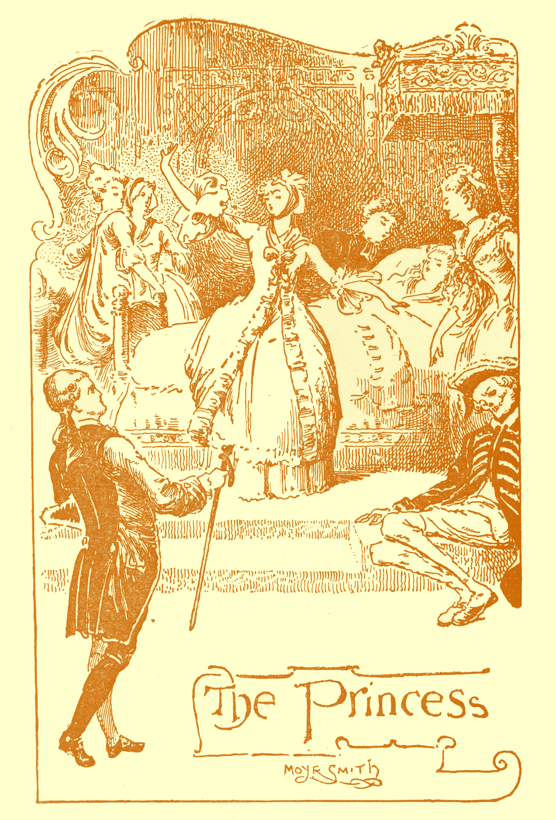 Black and white pencil sketch, by Moyr Smith, of the a girl lying in bed, with her eyes closed, a man seated at her side, and ladies-in-waiting standing around her.  Death is seated on the floor, dozing.  There is ornate Script saying 'The Pricess, Moyr Smith' at the bottom of the picture.