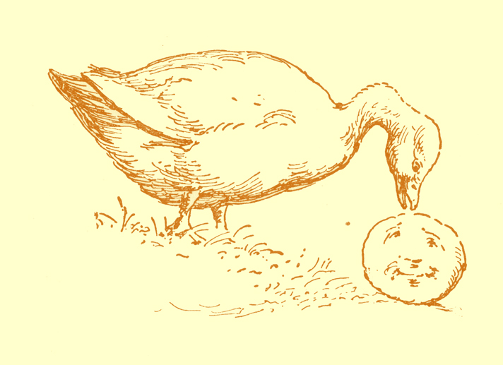 Black and white pencil sketch, by Moyr Smith, of a gander talking to a pancake who has a smile on its face.