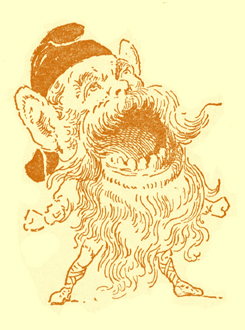 Black and white illustration, by Moyr Smith, of a brownie with a huge head on a tiny body. He is wearing a cap, has a beard down past his knees, and his mouth is wide open.