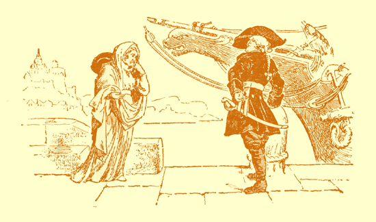 Black and white pencil sketch, by Moyr Smith, of a man on a pier, in front of a ship, talkig to an old woman in a long gown.  He is wearing a tricorne, high boots, and a frock-coat.