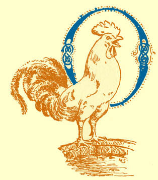 Black and white illustration, by Moyr Smith, of the decorated letter O with a rooster in front of it.