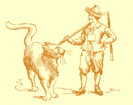 Black and white pencil sketch, by Moyr Smith, of a man  with a flail over his shoulder, smiling at a very large cat, as high as his waist, who is looking at him.