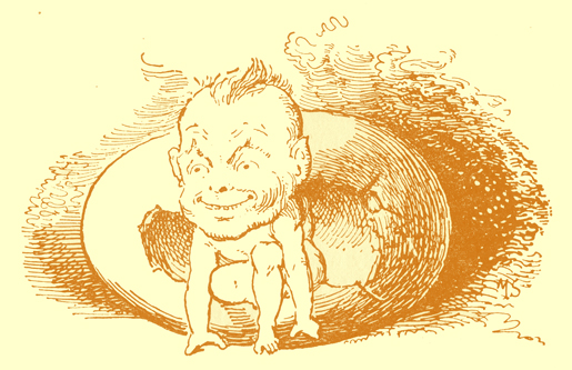 Black and white pencil sketch, by Moyr Smith, of a cracked egg, with a baby with a huge man-like head on a small body crawling out of it.