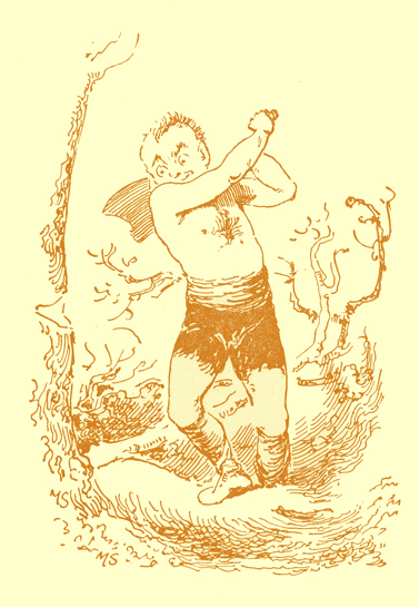 Black and white pencil sketch, by Moyr Smith, of a large man, wearing tattered shorts and no shirt, holding an ax over his shoulder, preparing to chop down a tree.