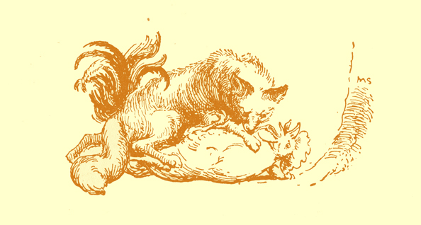 Black and white pencil sketch, by Moyr Smith, of a fox holding a rooster underneath him on the ground.