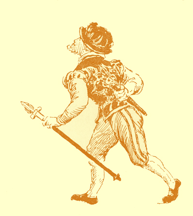 Black and white illustration, by Moyr Smith, of a walking man, carrying a lance or walking stick, and with a knife or short sword behind his back.