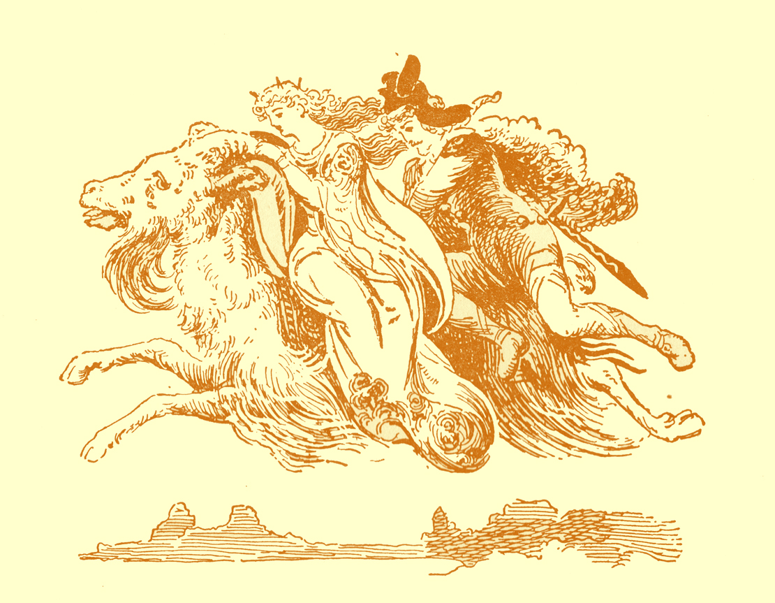 Black and white pencil sketch, by Moyr Smith, of a long-haired ram flying through the air with a the priness in a long gown side-saddle riding on him, holding his horns, and a man, wearing a hat, riding astride behind her.