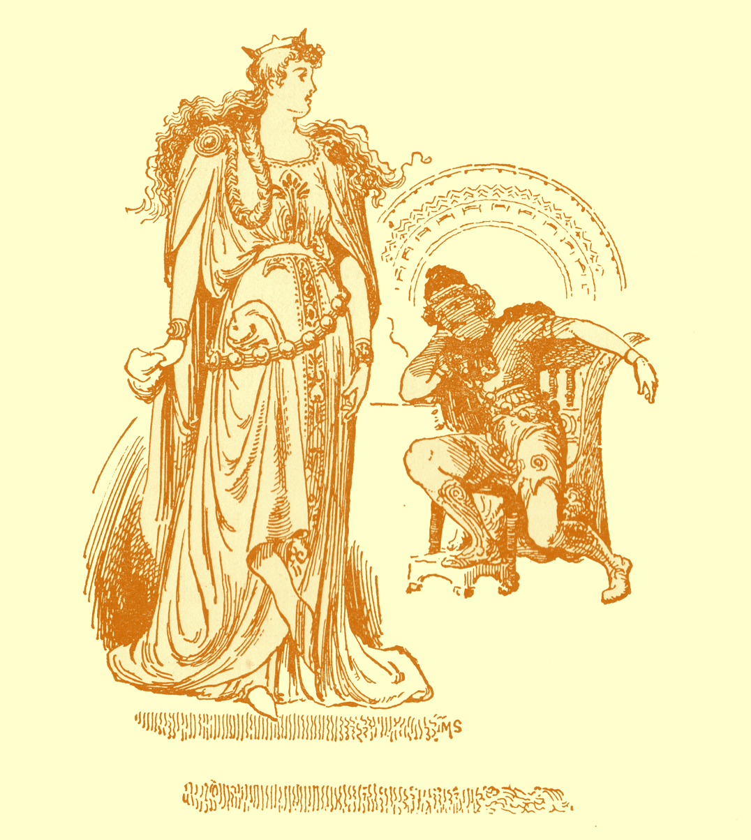 Black and white pencil sketch, by Moyr Smith, of the princess, standing in front of a man seated casually in a chair.