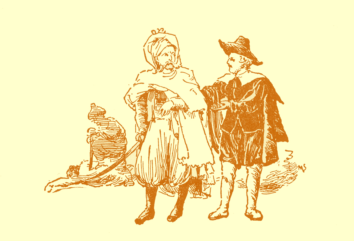 Black and white pencil sketch, by Moyr Smith, of a man in a long cloak, bloused pants, and turban, talking to a man in European garb of the 18th century: hat, cloak, short breeches, and belted jacket.