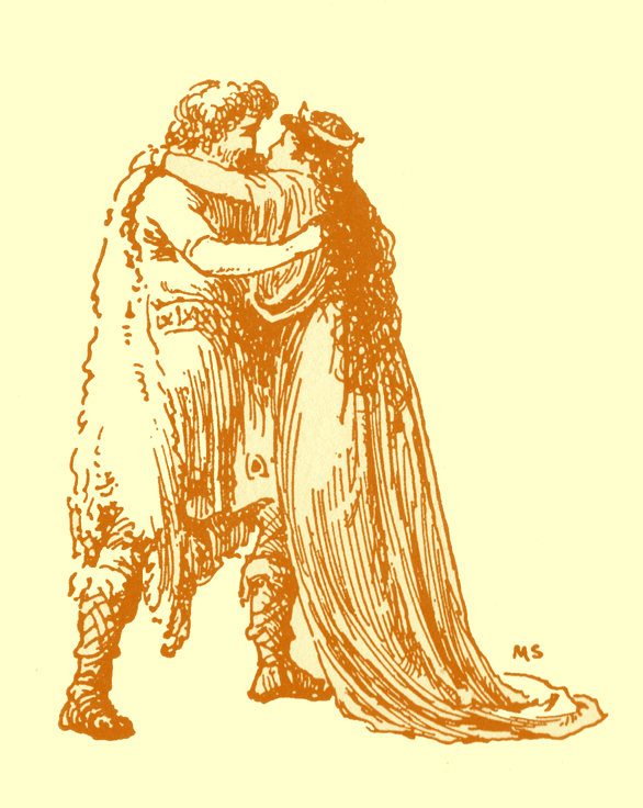 Black and white pencil sketch, by Moyr Smith, of a bearded man in a fur coat, hugging a princess in a long gown.