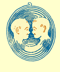 Black and white illustration, by Moyr Smith, of the decorated letter O with the heads of two babies facing each other smiling.