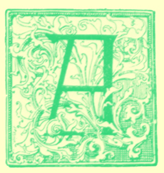 Black and white engraving of an illuminated letter A.