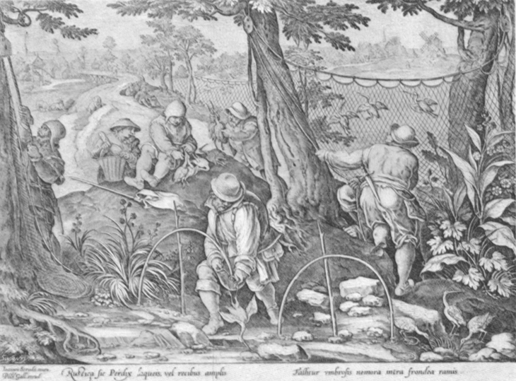 Black and white lithogravure, after Stradanus, of renaissances fowlers some trapping with snares and nets.