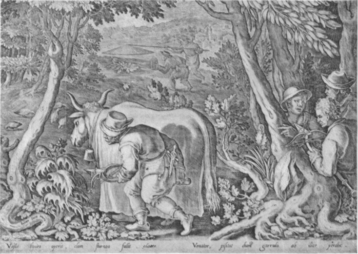 Black and white lithogravure, after Stradanus, of renaissances fowlers, one behind a stalking cow.