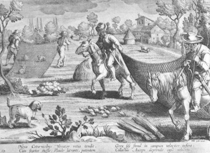 Black and white lithogravure, after Stradanus, of renaissances fowlers with nets and a hunting dog.