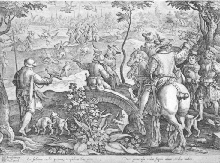 Black and white lithogravure, after Stradanus, of renaissances hunters hawking, a noble with his lady on a fat horse.