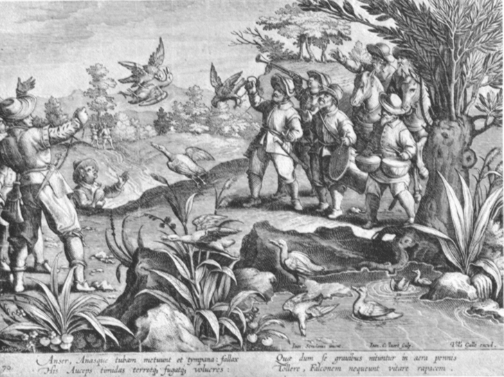 Black and white lithogravure, after Stradanus, of renaissances hunters hawking on foot, with drummers to scare the birds.