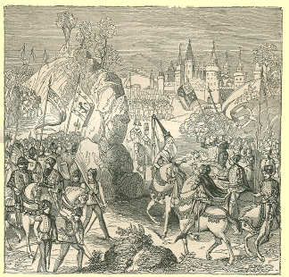 Engraving of Queen Philippa on horseback addressing her troops