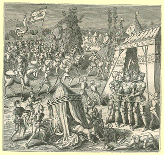 engraving of about 4 men in armor holding the left arm of the armor-clad king in front of a tent, men on horseback and soldiers are fighting behind them, and another smaller tent has been knocked over with a knight tumbling out