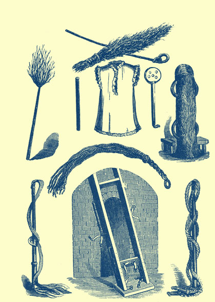 Black and white engraving of several instruments and accessories for beating folk.