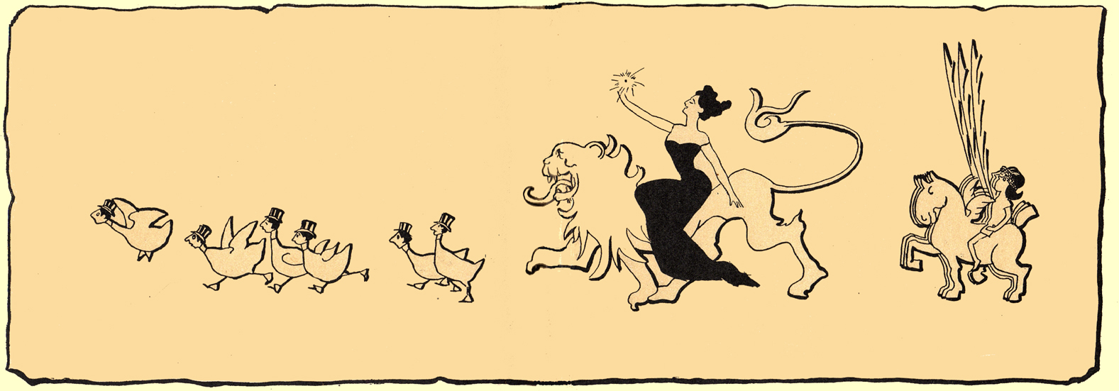 Black and white pen and ink Cartoon by T. Gilbert White, inside covers, of a triumphal procession of a woman in a black gown, riding a lion, with several geese with the heads of men running in front of her, and two Roman soldiers with long lances riding prancing horse behind her.