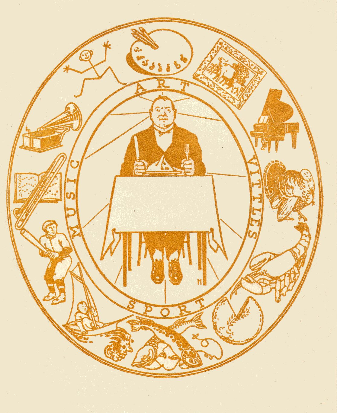 Yellow print, from the inside cover pages (it is repeated in 2 endpapers in both the front and back of the text.  It shows a man seated at a table holding knife and fork in each hand.  Around him is a border with small pictures of a baseball player, sailboat, artist's palette, etc., to fit in with the themes in the book.