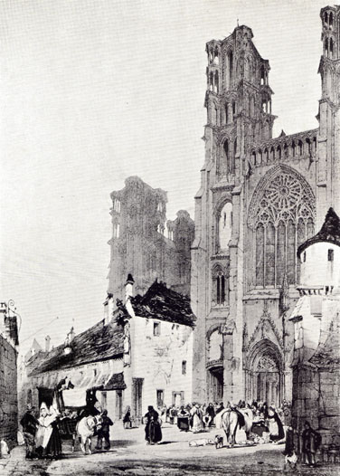 Black and white drawing by T. S. Boys, of The Cathedral of Laon.  Smaller buildings and people on the street can be seen in the foreground.  Built in the 12th and 13th centuries.