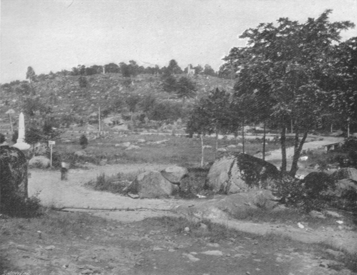 Black and white photograph of Little Round Top Hill, showing flat line with a dirt road, and a small hill in the distance.