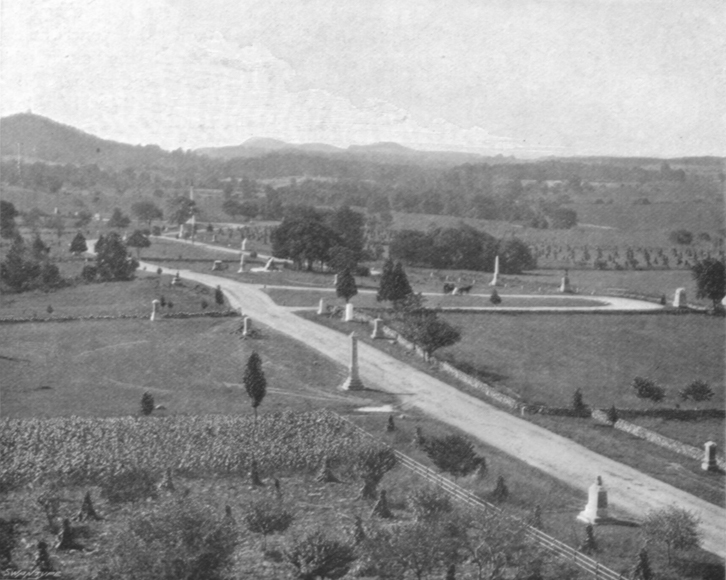 Black and white photograph of flat land with dirt roads and historical markers on the sides, from Gettysburg Battlefield.